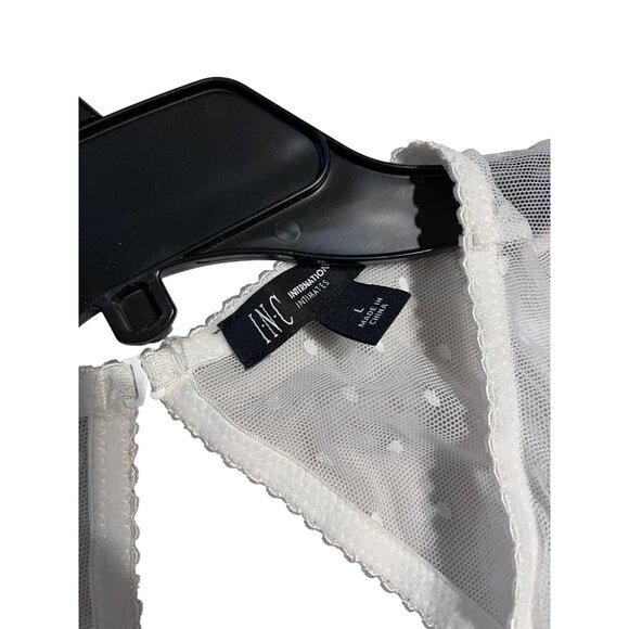 Womens INC White Lace Mesh Bodysuit L Snap Crotch See-Through Polka Dot Design - Picture 2 of 3